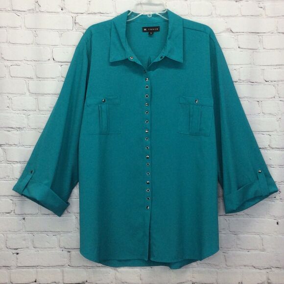 N Touch Tunic Woman’s Plus Sz 3X Teal Sky Snap Up Front Roll Tab Sleeves Casual - Picture 5 of 9